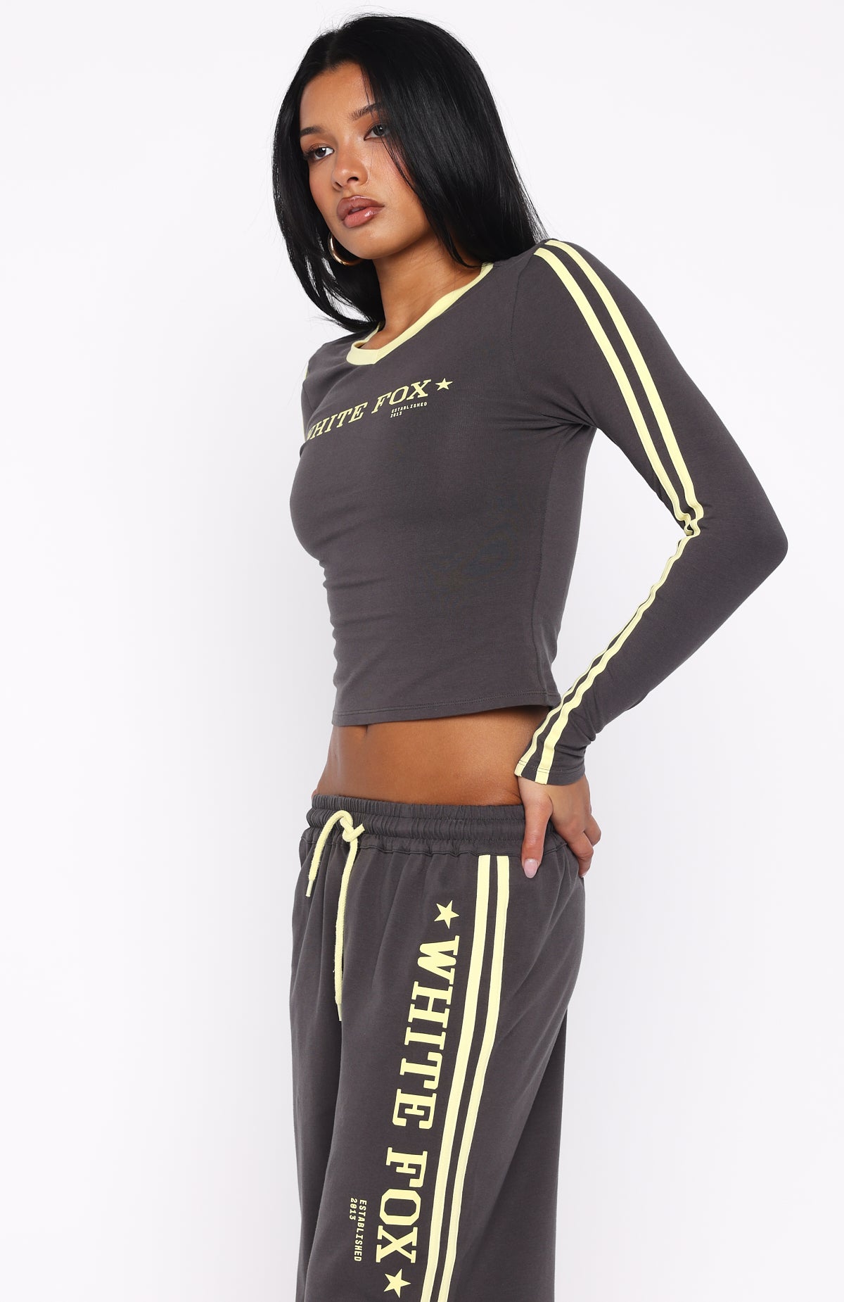 Star Of The Night Long Sleeve V Neck Baby Tee Charcoal - Image 3