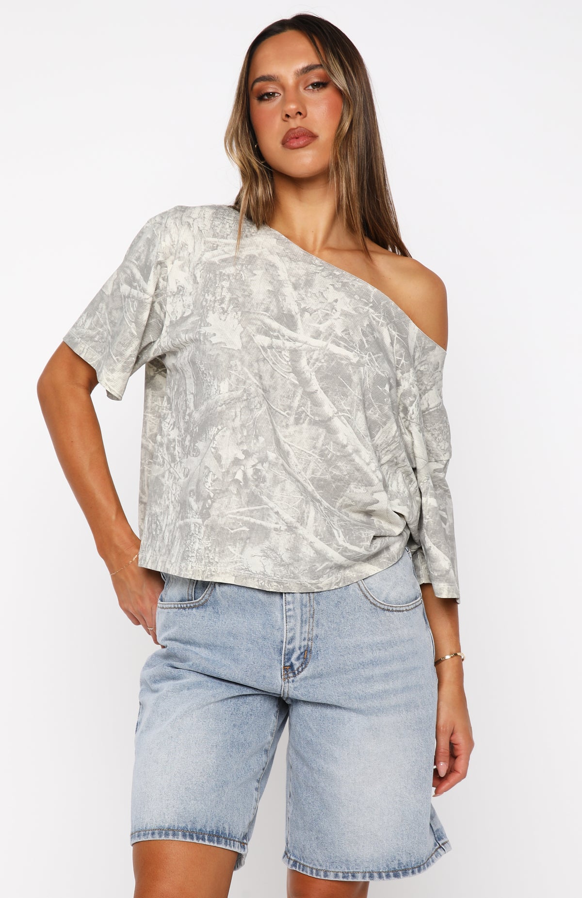 Travel The World Off Shoulder Oversized Tee Light Camo - Image 2