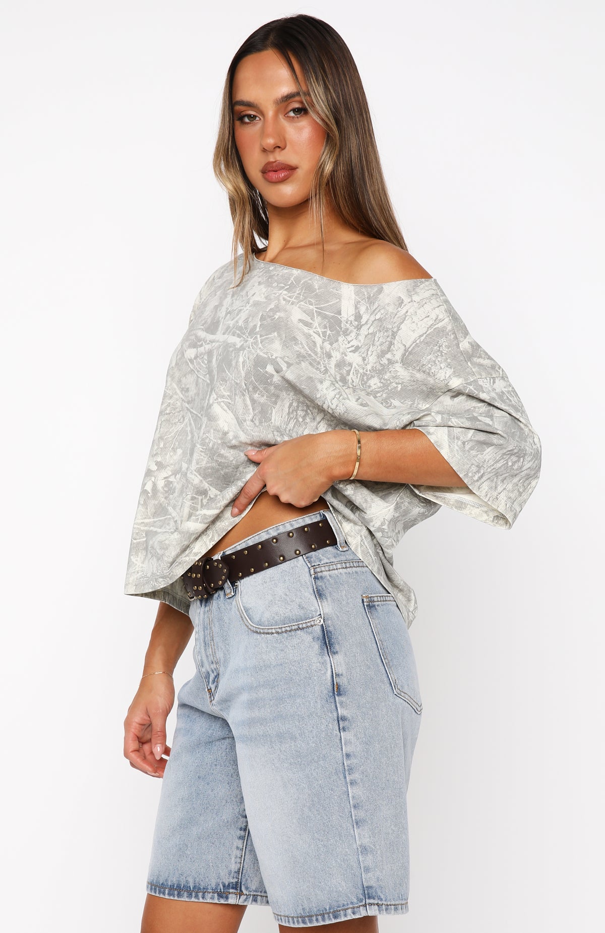 Travel The World Off Shoulder Oversized Tee Light Camo - Image 3