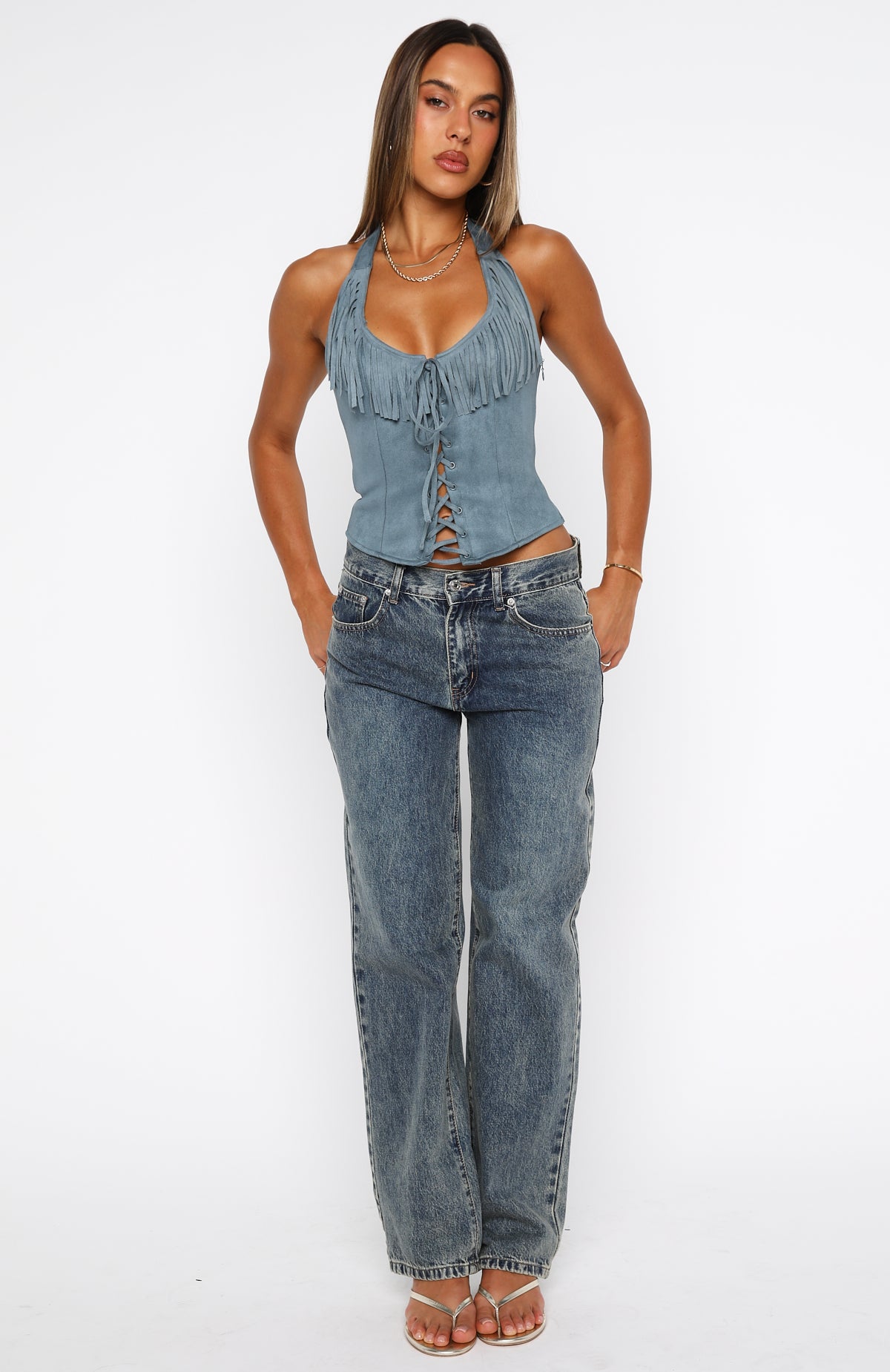 Truth In The Lie Faux Suede Bustier Steel Blue - Image 5