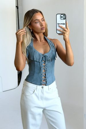 Truth In The Lie Faux Suede Bustier Steel Blue