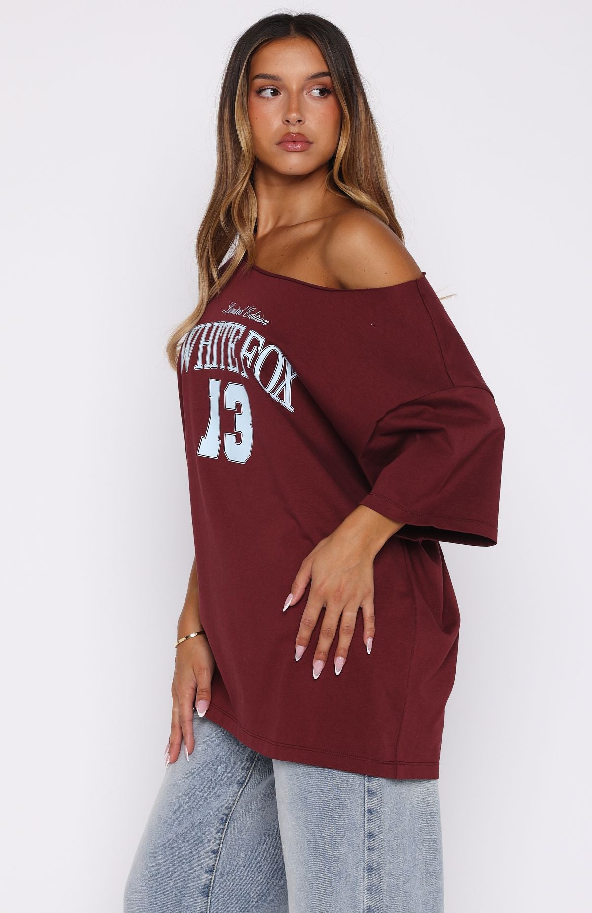 Everything In Time Off Shoulder Oversized Tee Burgundy - Image 3