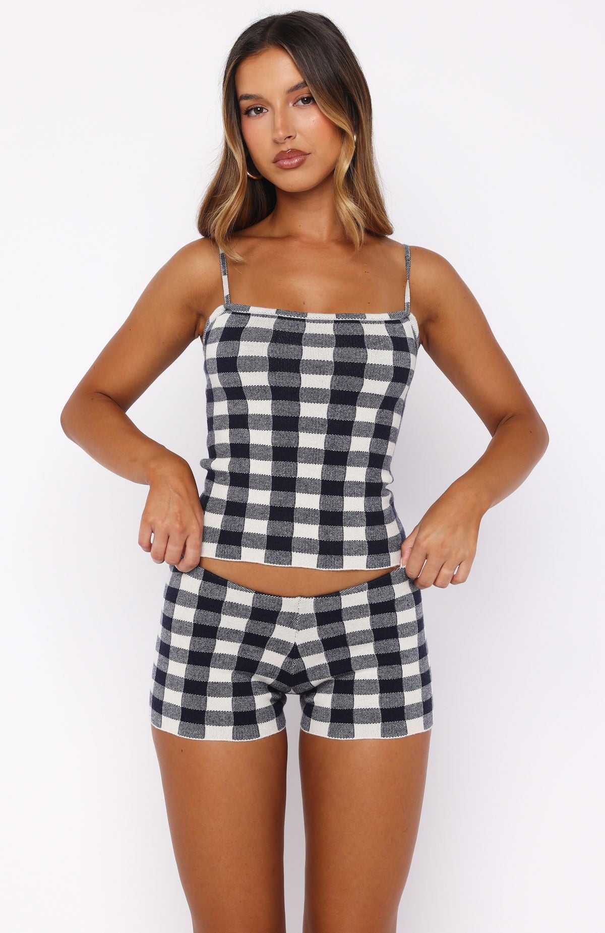 Iconic Duo Knit Cami Top Navy/Cream Gingham - Image 2